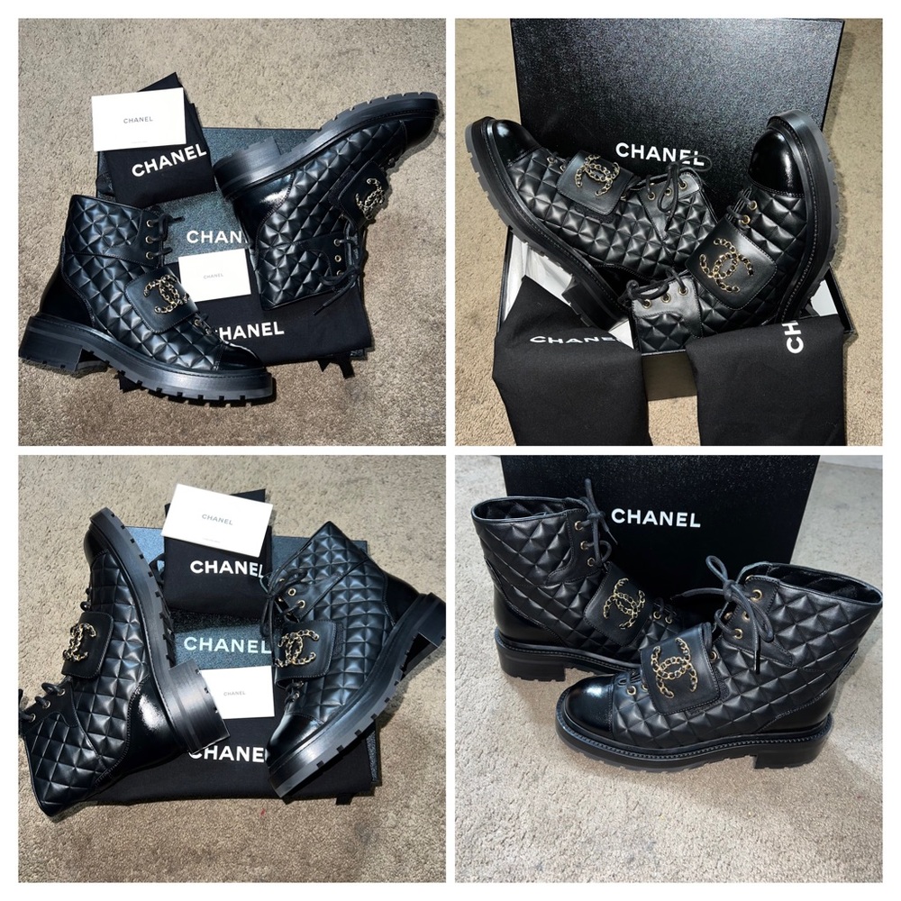 Chanel Lace Up Calfskin & Shiny Calfskin Leather Boots - Picture 10 of 16
